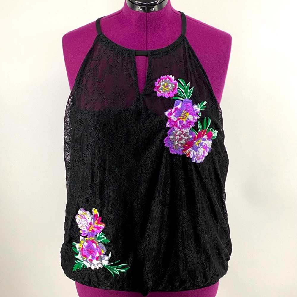 NWT INC Deep Black Floral Lace Key Hole Top, Size XL, Retail $69.50